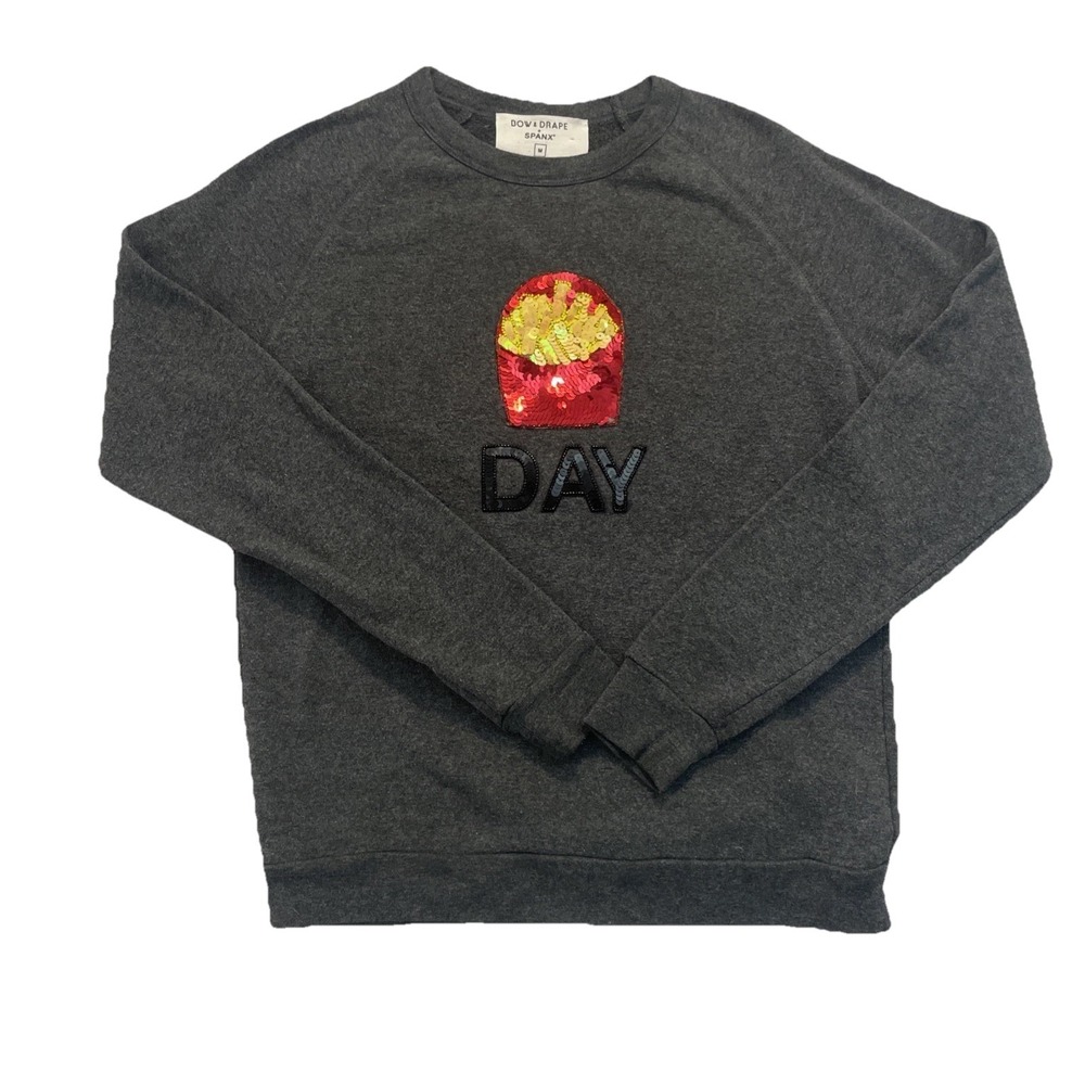 Bow & Drape Spanx Fry Day‎ Sweatshirt Womens M Gray Sequin Long Sleeve Crew Neck